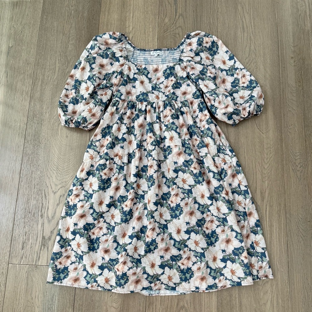 NWOT Polagram Blue Floral Puff Sleeve Babydoll Tiered Dress Medium